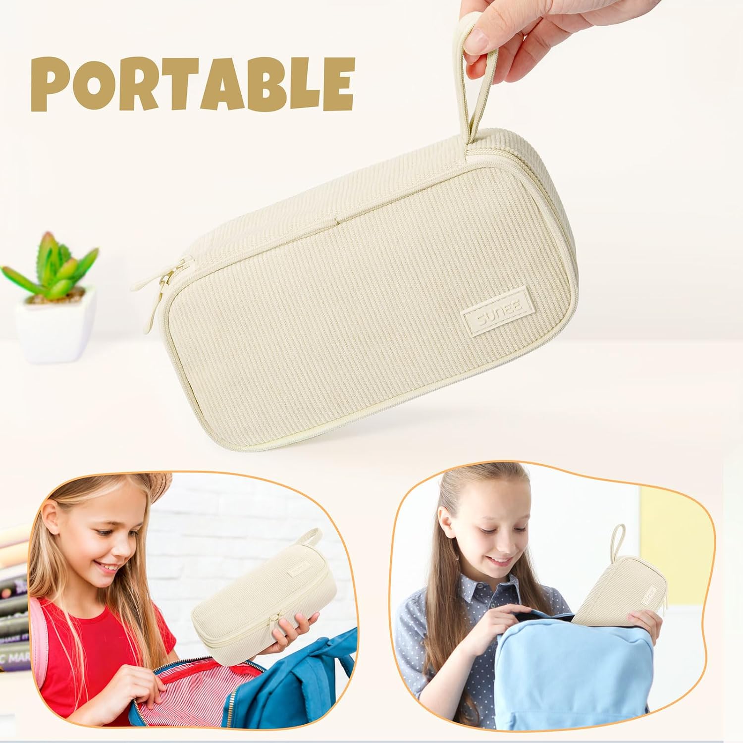 SUNEE Cute Pencil Case. Soft Corduroy Large Capacity Pencil Pouch. Aesthetic Zipper Pencil Bag. Big Storage Pen Organizer for Stationery. Pencil Box Back to School Supplies for Teen Girls Boys. Beige - Image 7
