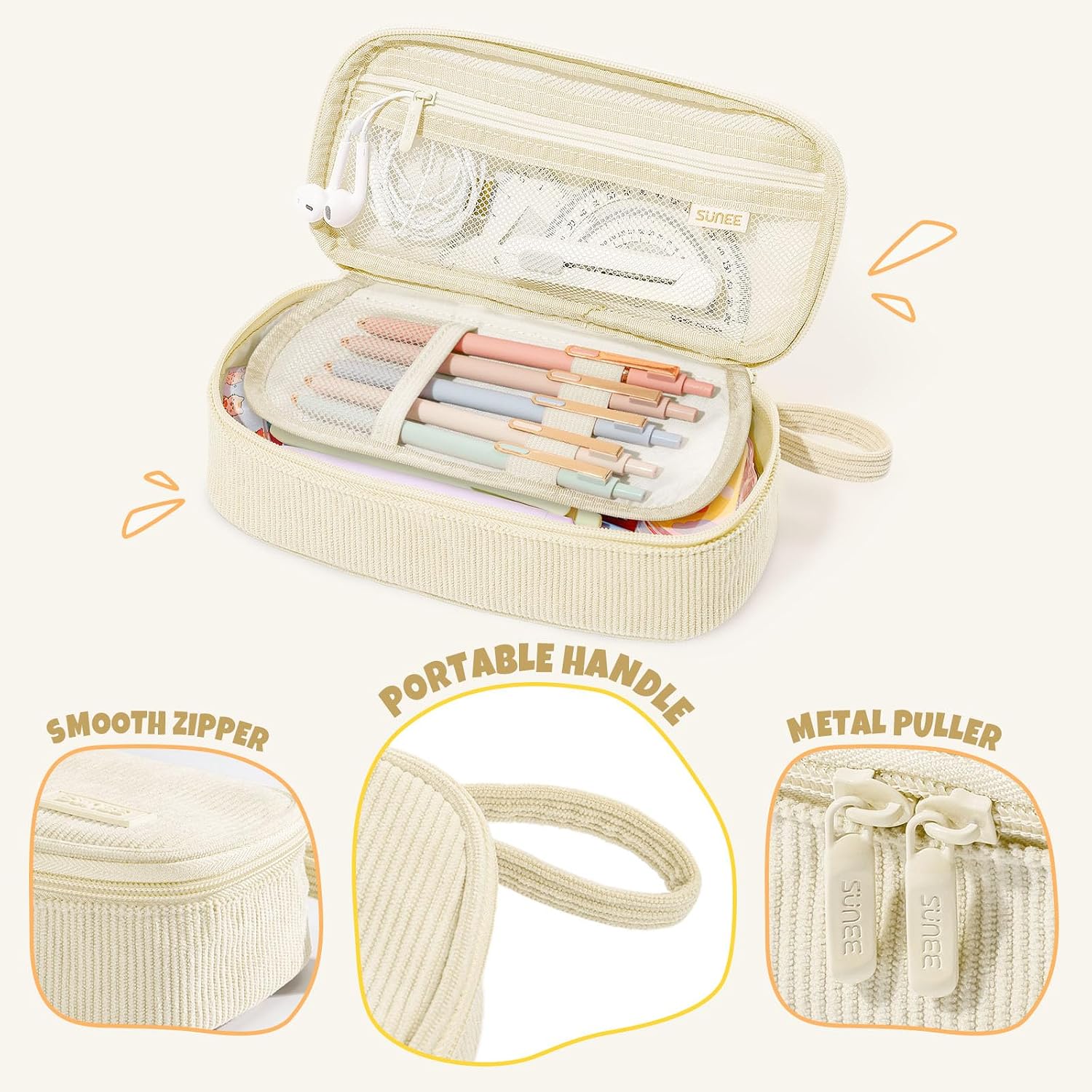 SUNEE Cute Pencil Case. Soft Corduroy Large Capacity Pencil Pouch. Aesthetic Zipper Pencil Bag. Big Storage Pen Organizer for Stationery. Pencil Box Back to School Supplies for Teen Girls Boys. Beige - Image 6