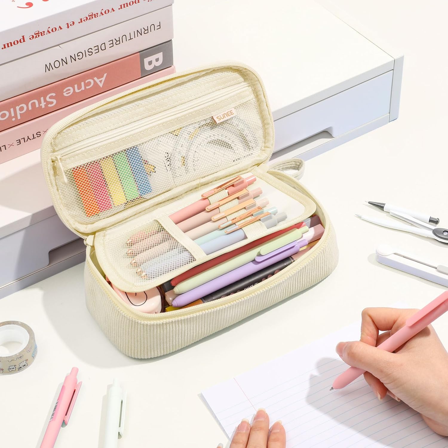 SUNEE Cute Pencil Case. Soft Corduroy Large Capacity Pencil Pouch. Aesthetic Zipper Pencil Bag. Big Storage Pen Organizer for Stationery. Pencil Box Back to School Supplies for Teen Girls Boys. Beige - Image 8