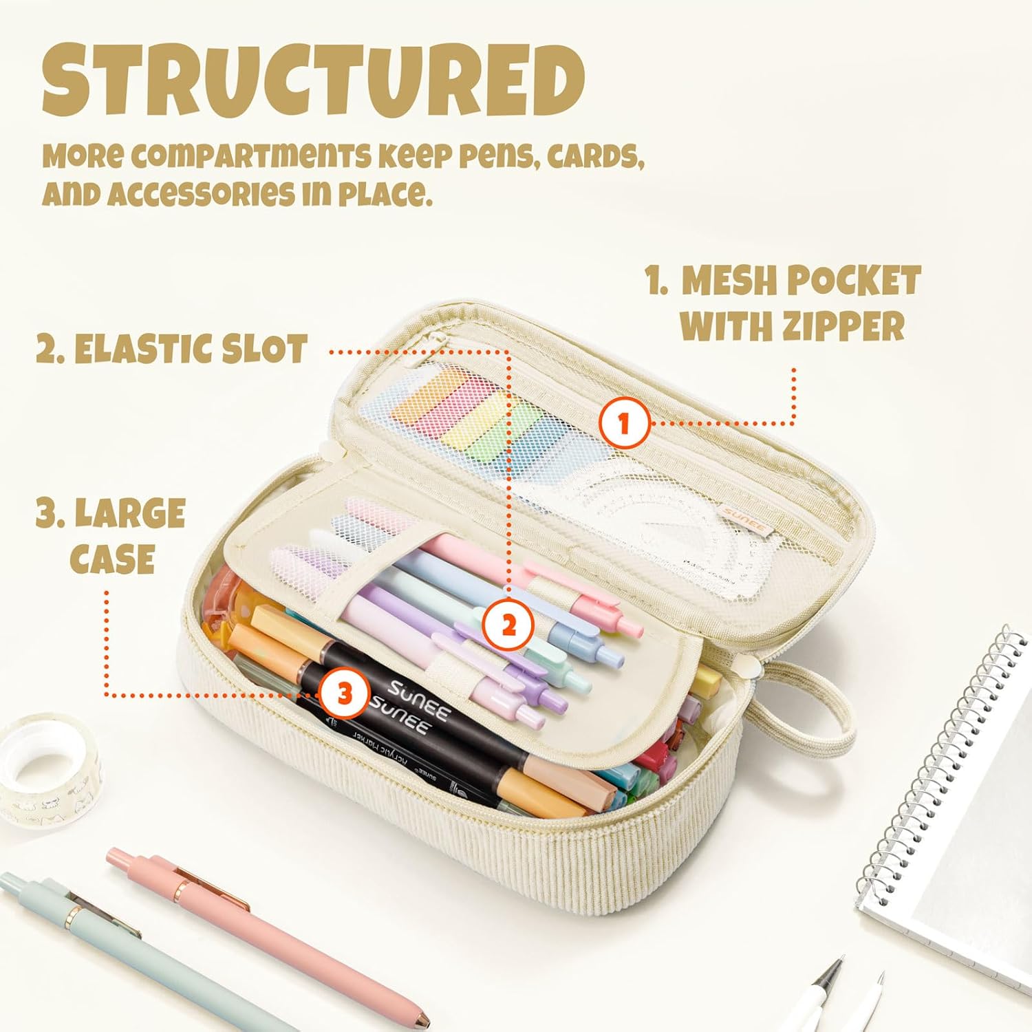 SUNEE Cute Pencil Case. Soft Corduroy Large Capacity Pencil Pouch. Aesthetic Zipper Pencil Bag. Big Storage Pen Organizer for Stationery. Pencil Box Back to School Supplies for Teen Girls Boys. Beige - Image 4