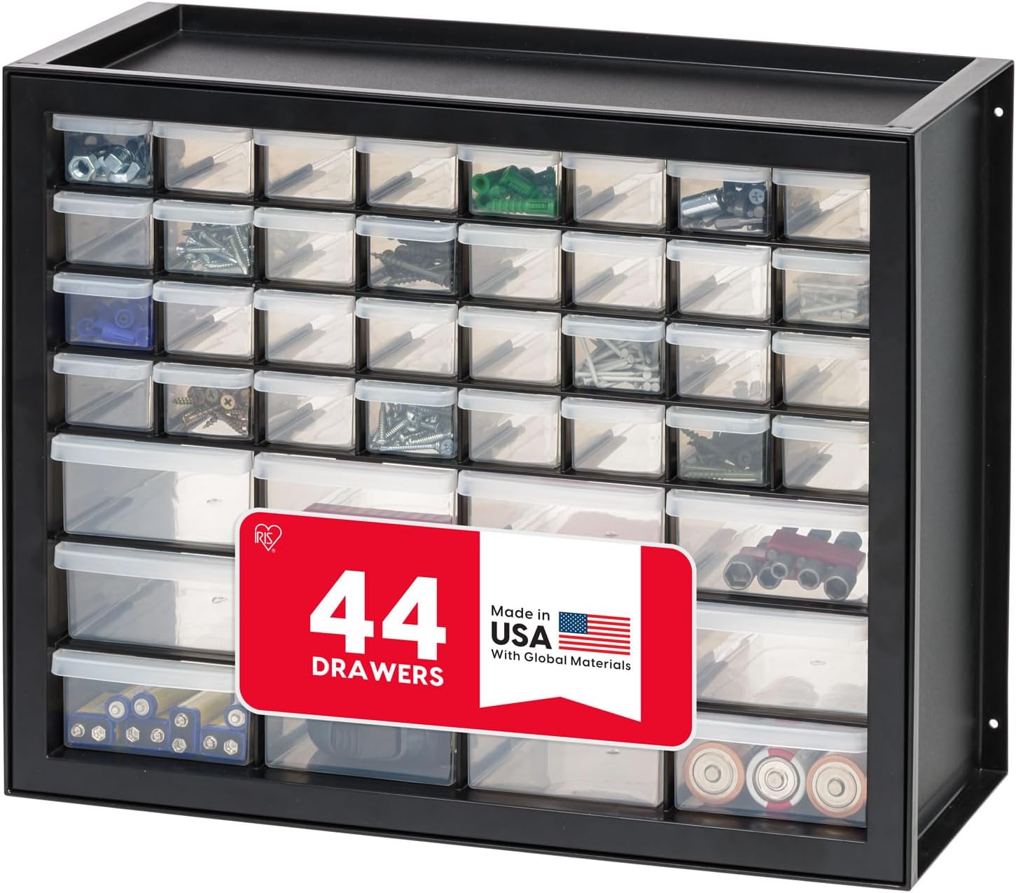 IRIS USA 44-Drawer Small Parts Organizer. Made in USA. Storage Drawers for Screws. Nuts. Bolts. Electronics. Hardware. Beads. Crafts. Building Bricks. Stackable Garage Storage Cabinet. Black