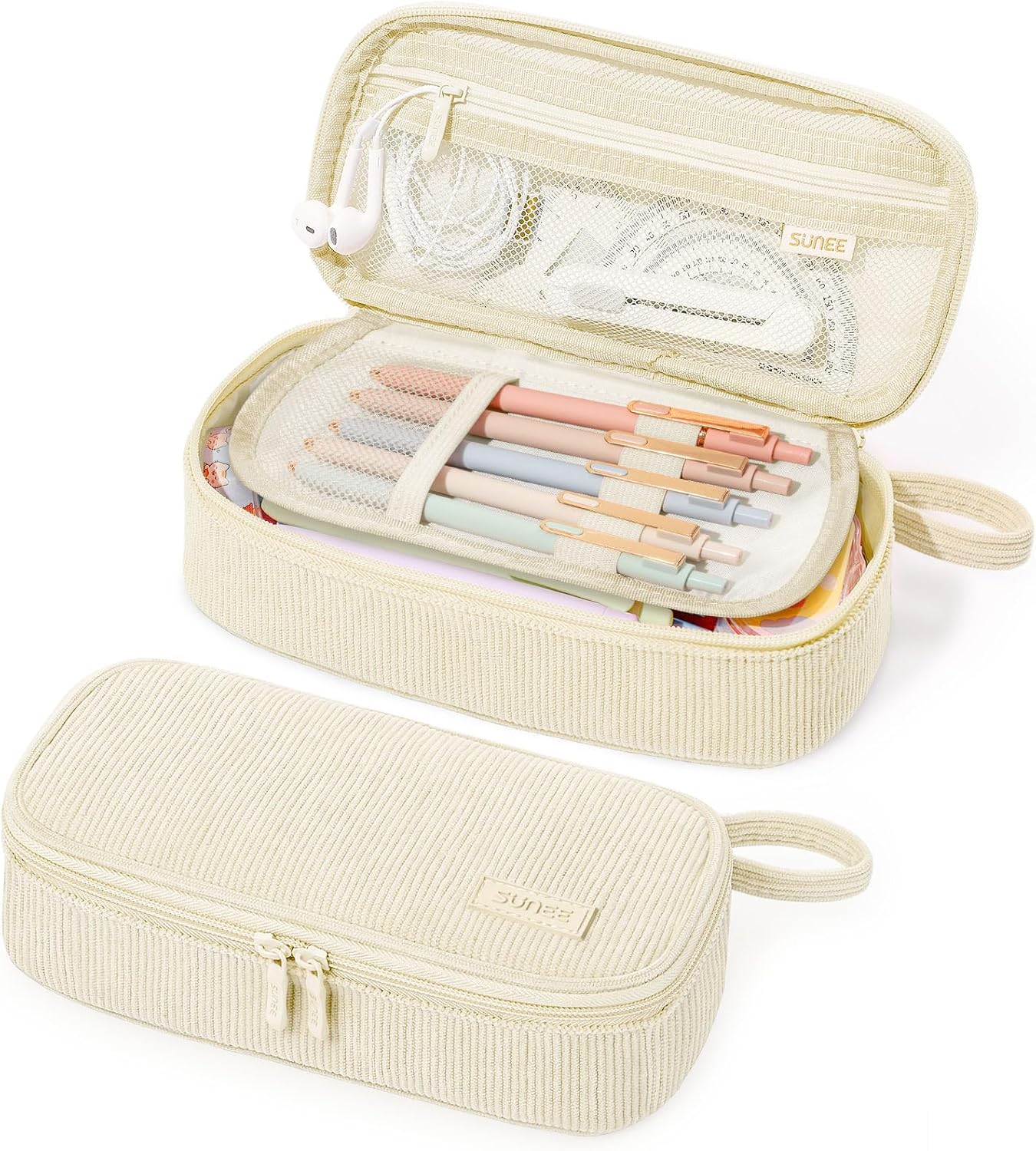 SUNEE Cute Pencil Case. Soft Corduroy Large Capacity Pencil Pouch. Aesthetic Zipper Pencil Bag. Big Storage Pen Organizer for Stationery. Pencil Box Back to School Supplies for Teen Girls Boys. Beige