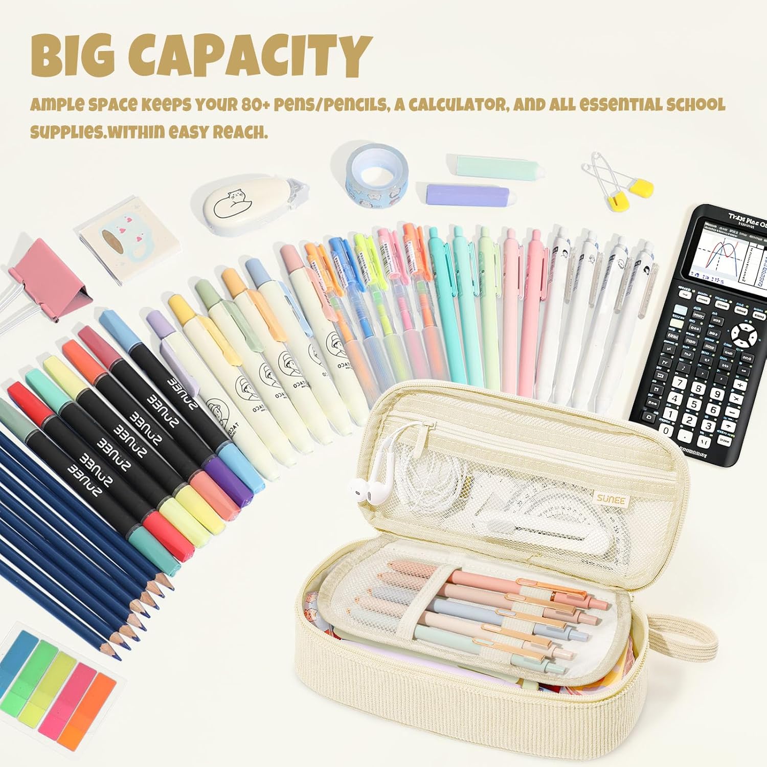 SUNEE Cute Pencil Case. Soft Corduroy Large Capacity Pencil Pouch. Aesthetic Zipper Pencil Bag. Big Storage Pen Organizer for Stationery. Pencil Box Back to School Supplies for Teen Girls Boys. Beige - Image 2