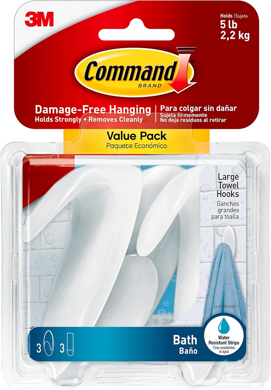 Command Bath Large Towel Hook Value Pack. Clear Frosted. 3-Large Hooks. 3-Water-Resistant Strips. Organize Damage-Free