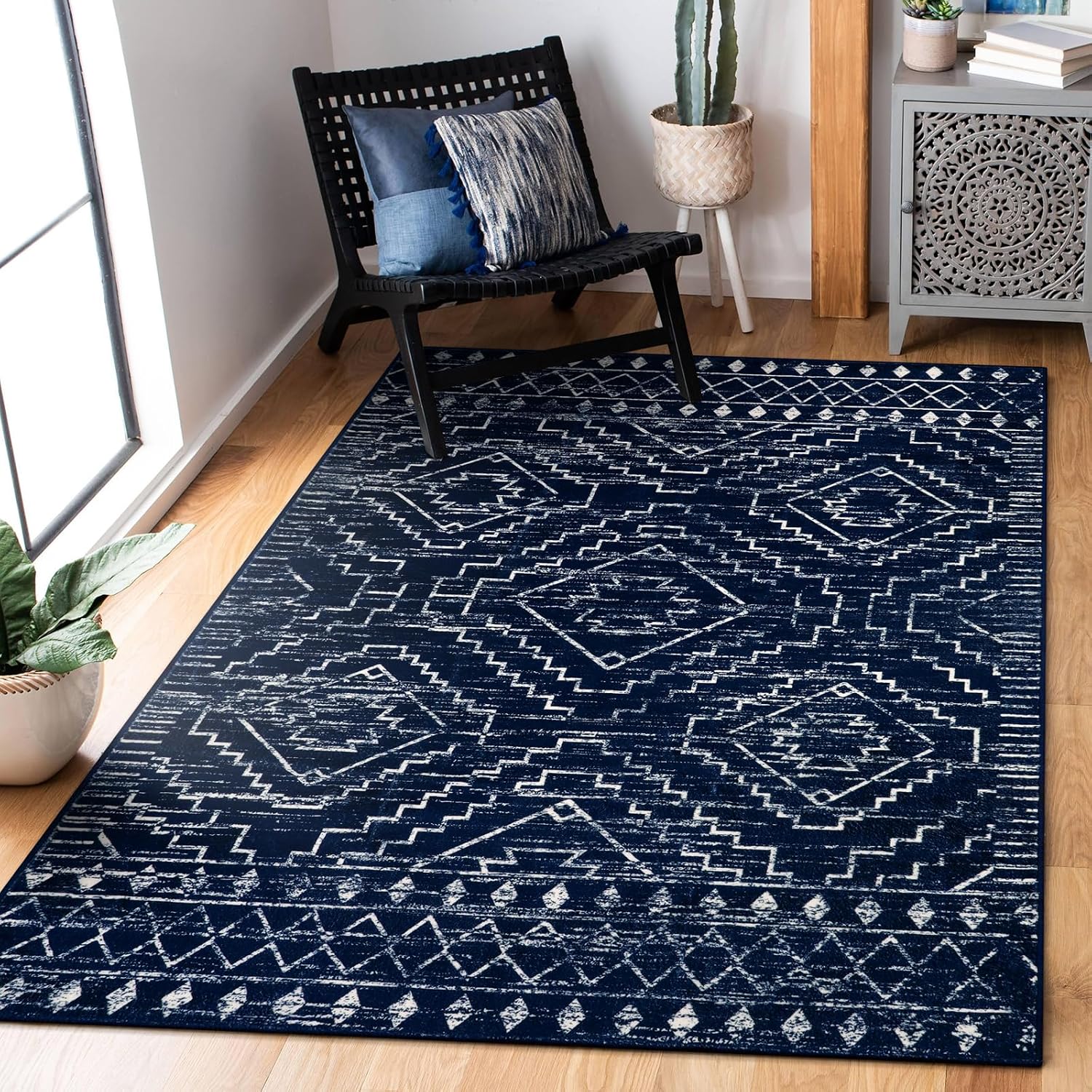 Wonnitar Moroccan Washable Rug 3x5. Blue Non-Slip Entryway Area Rug. Soft Farmhouse Bedroom Throw Mat. Geometric Low Pile Scandinavian Accent Carpet for Entry Kitchen Basement (Blue.3'x5')